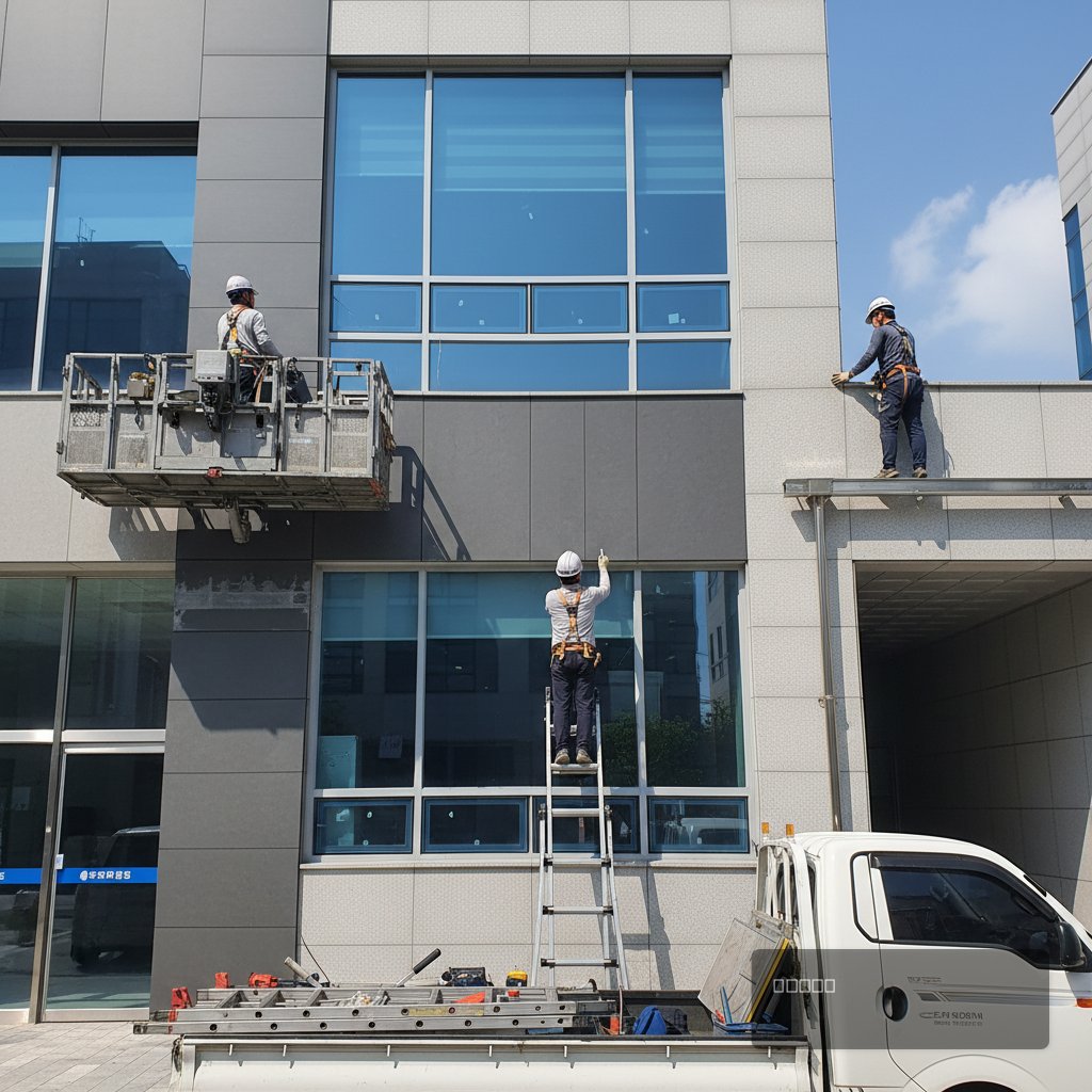 공장 외벽 유지보수 계약 보수 중 작업 과정 - 건원메탈산업 직영시공