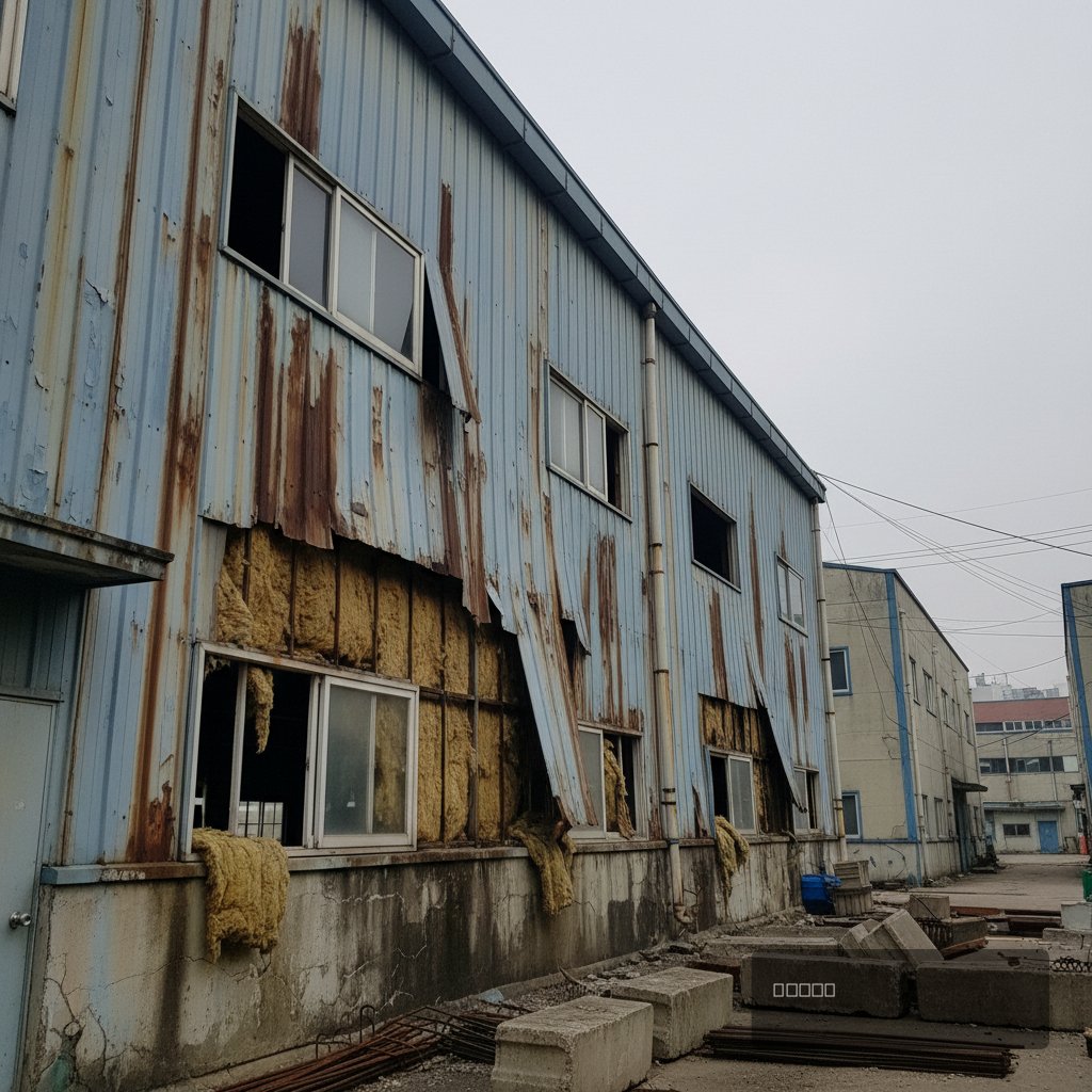 공장 외벽 판넬 교체 보수 전 현장 모습 - 건원메탈산업
